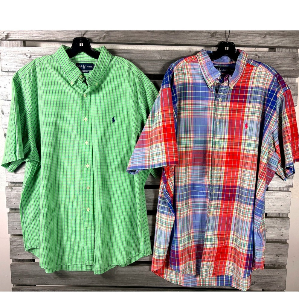 Lot of 2 Ralph Lauren Mens XXL Classic Fit Short Sleeve Plaid Check Shirts vtg